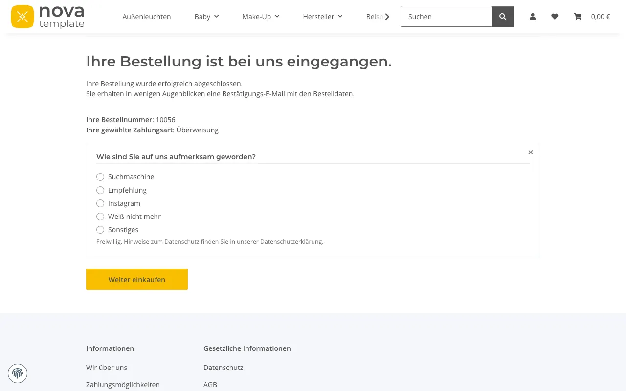 Bestellabschlussseite eines JTL-Shops mit dem Template NOVA: Unter der Bestellnummer fragt Kaufquelle „Wie sind Sie auf uns aufmerksam geworden?“ mit den Antworten Suchmaschine, Empfehlung, Instagram, Weiß nicht mehr und Sonstiges.