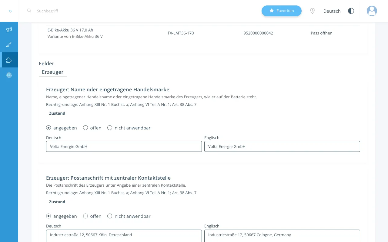 Der Pass-Editor von Produktpass: Felder des Batteriepasses mit Zustand, Werten auf Deutsch und Englisch und der Rechtsgrundlage.