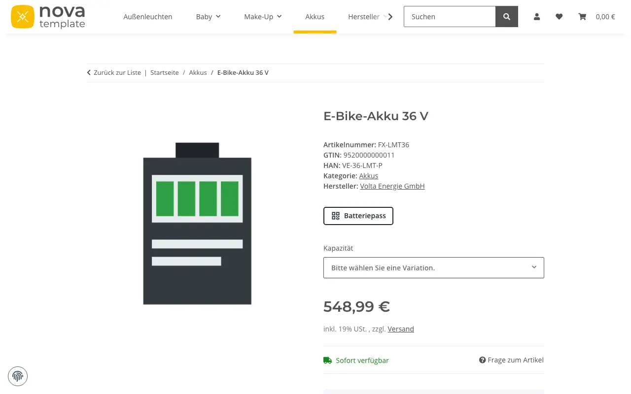 Die Produktseite eines E-Bike-Akkus im Template NOVA mit dem Knopf „Batteriepass“ unter den Artikeldaten.