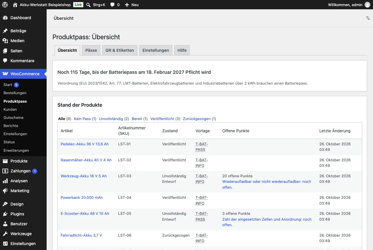 The overview of Produktpass in the WordPress admin: at the top the countdown to 18 February 2027, below it the products with SKU, state, template and open points.