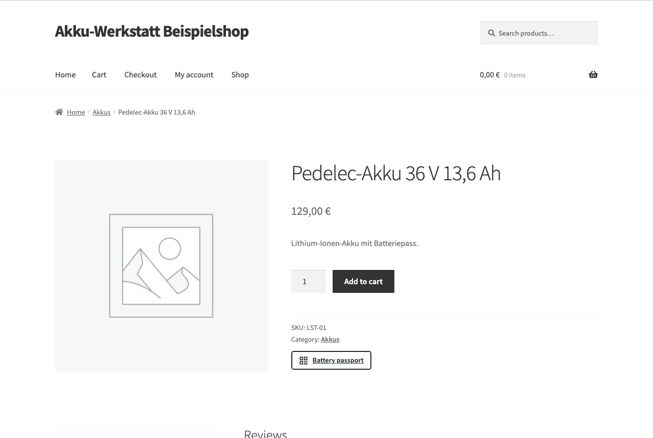 Eine Produktseite im Theme Storefront mit dem Batteriepass-Badge nach den Produkt-Metadaten.